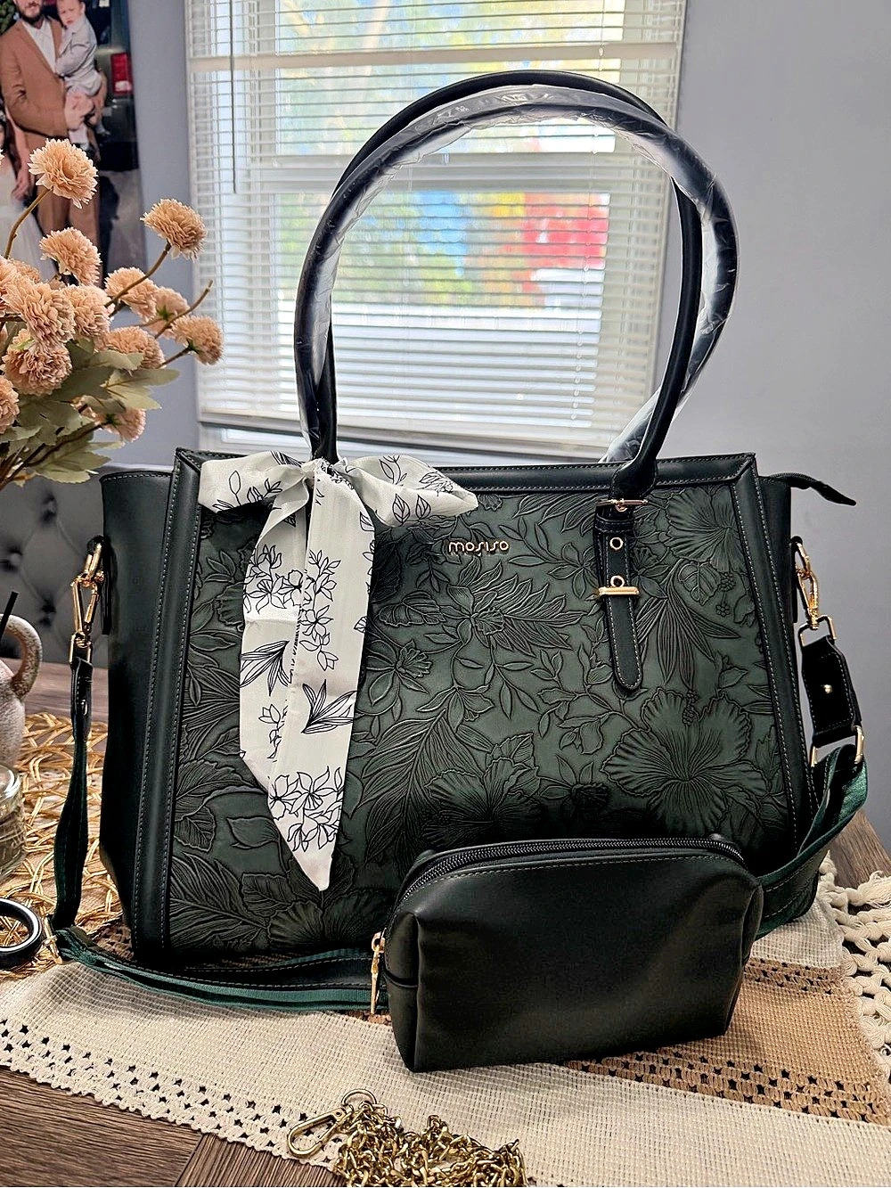 Floral Tote with Pouch in Green & Black